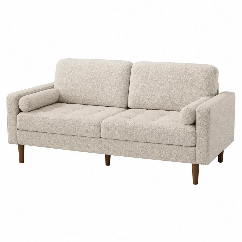 Sofá de Tela Beige 3 Plazas con Estructura de Madera