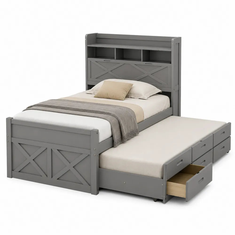Cama nido de madera gris con almacenamiento y cabecero