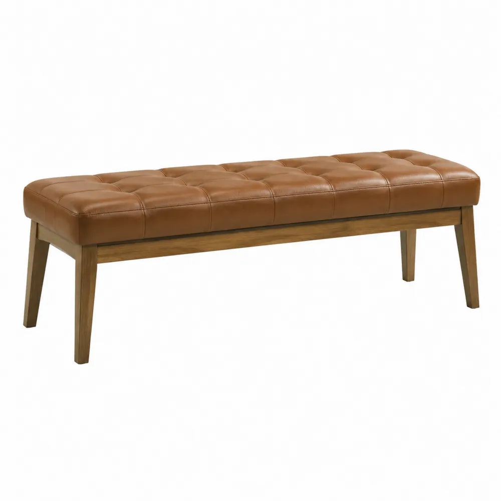 Banco de cuero sintético marrón con patas de madera maciza