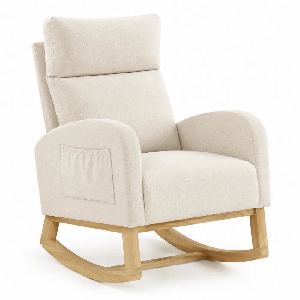 Silla mecedora de tela con base de madera