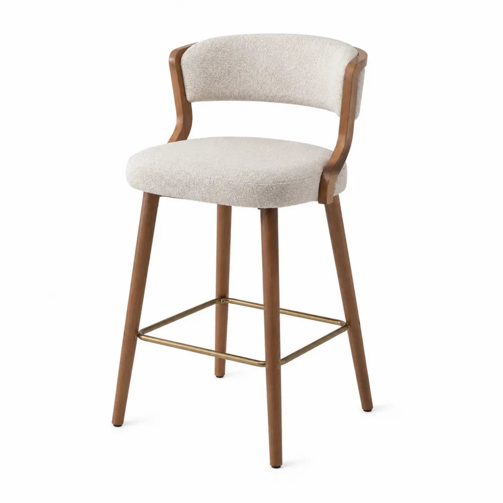 Taburete de bar beige con estructura de madera y reposapiés de metal