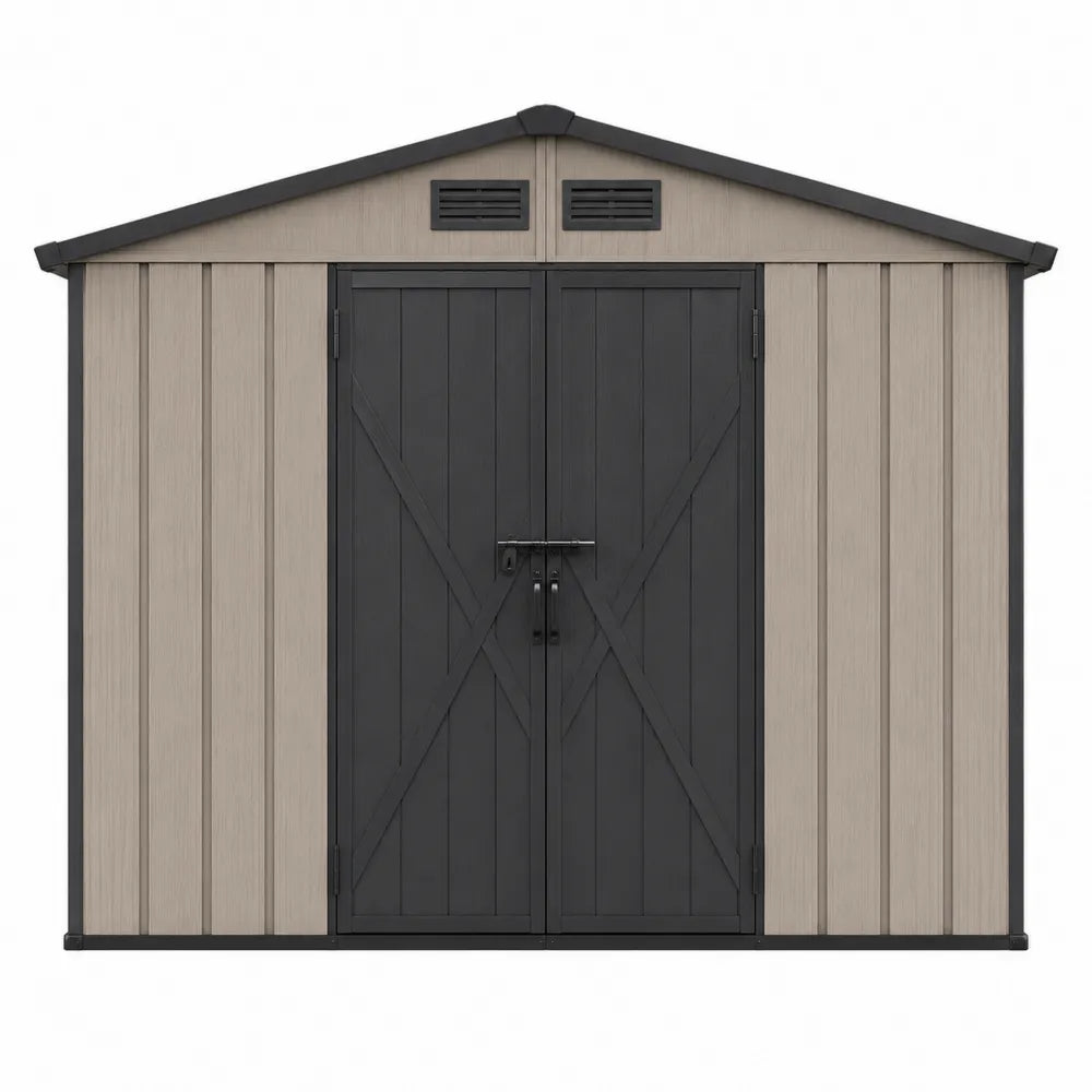 Cobertizo de almacenamiento exterior de resina con doble puerta 2.5m x 2m beige y negro