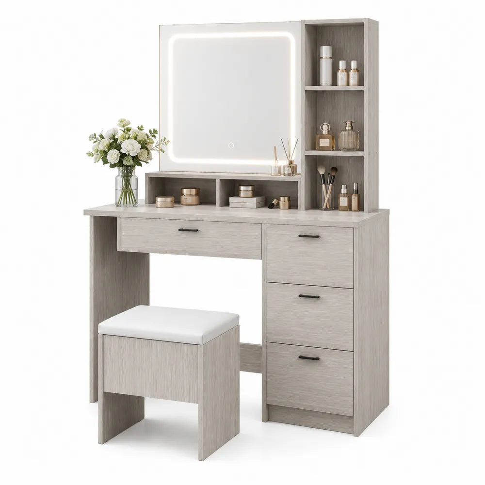 Tocador de MDF Gris Claro con Espejo LED y Taburete