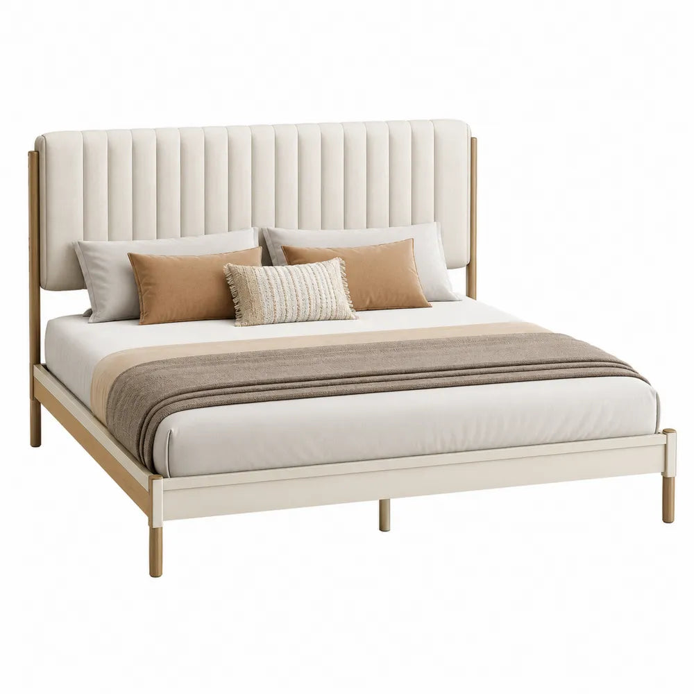 Cama de madera y poliéster beige con cabecera tapizada 160x200 cm