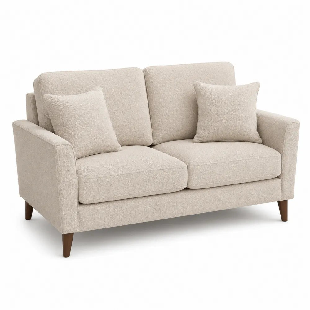 Sofá de tela poliéster beige con patas de madera