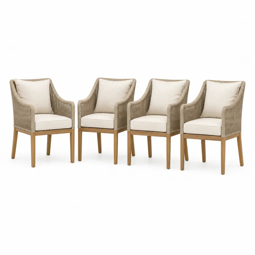 Conjunto de 4 sillas de exterior de madera de teca y cuerda sintética con cojines beige