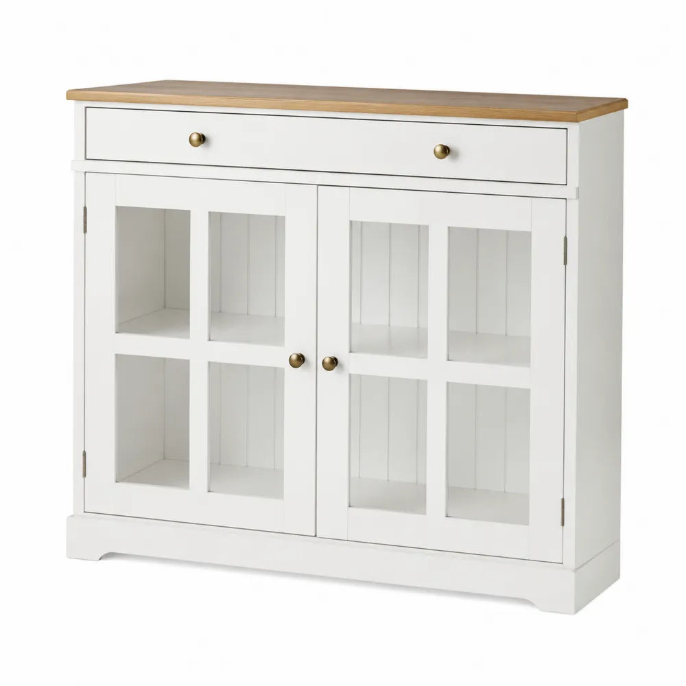Aparador blanco de madera y roble con puertas de vidrio templado