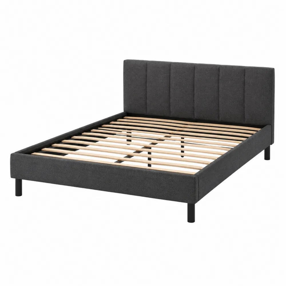 Cama de tela gris antracita con cabecero y somier de madera 200x150 cm