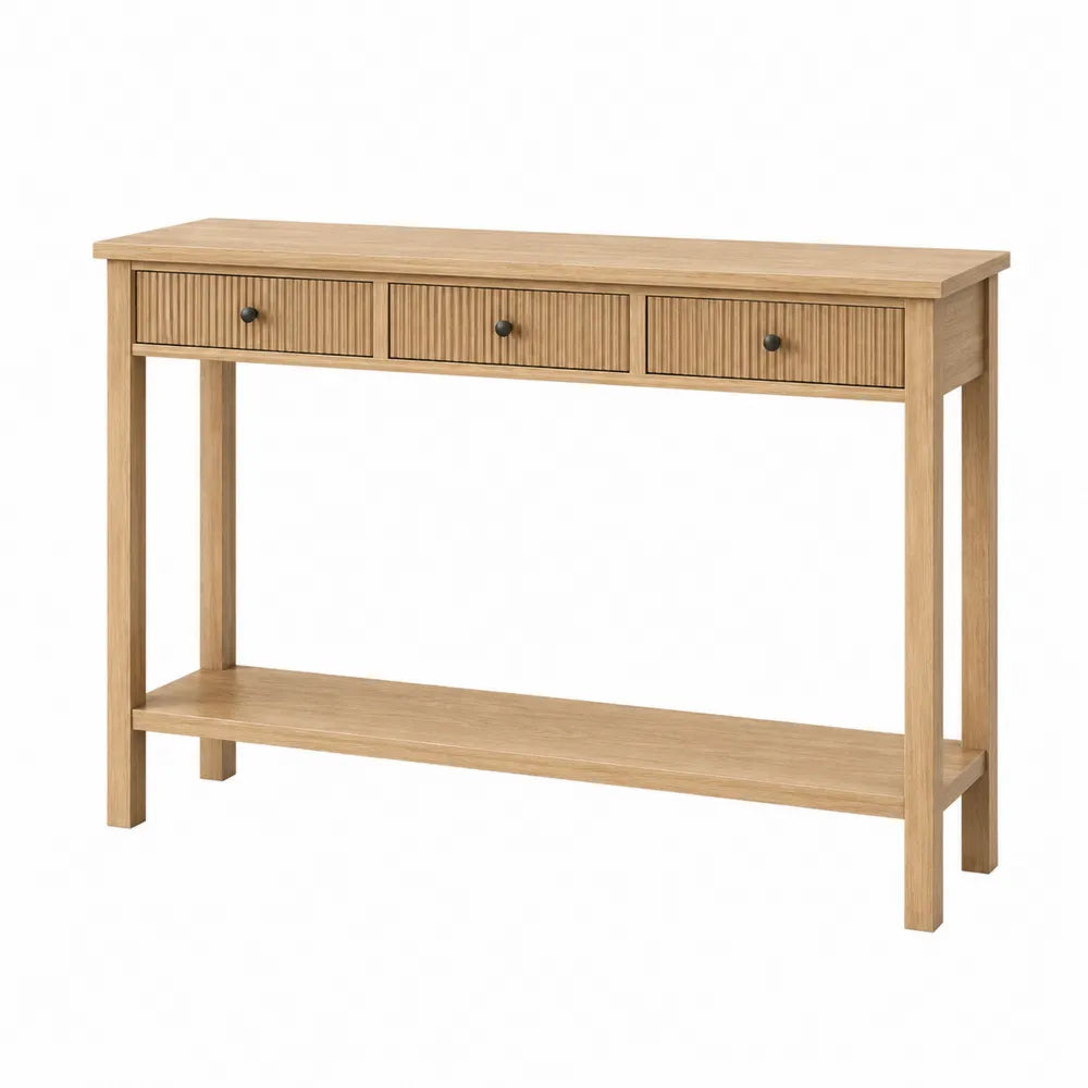 Mesa consola de madera de roble con 3 cajones y estante inferior