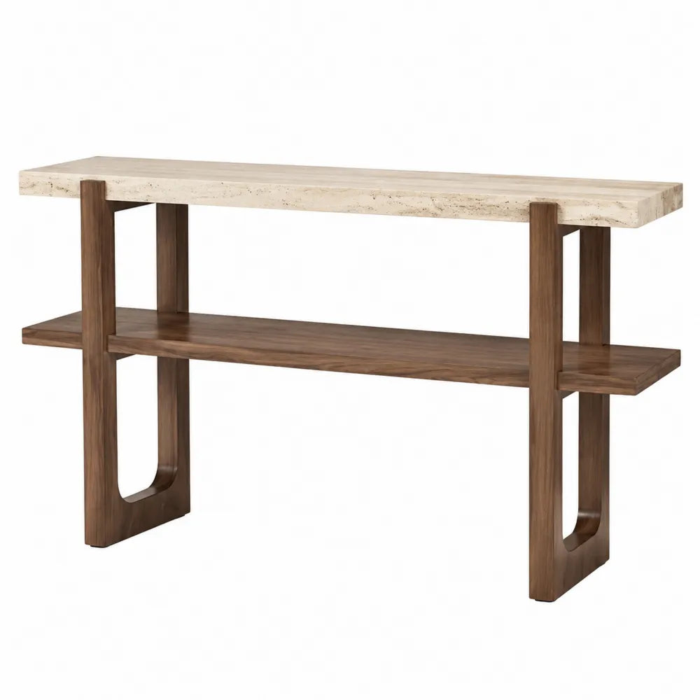 Mesa consola de travertino y madera de nogal con estante
