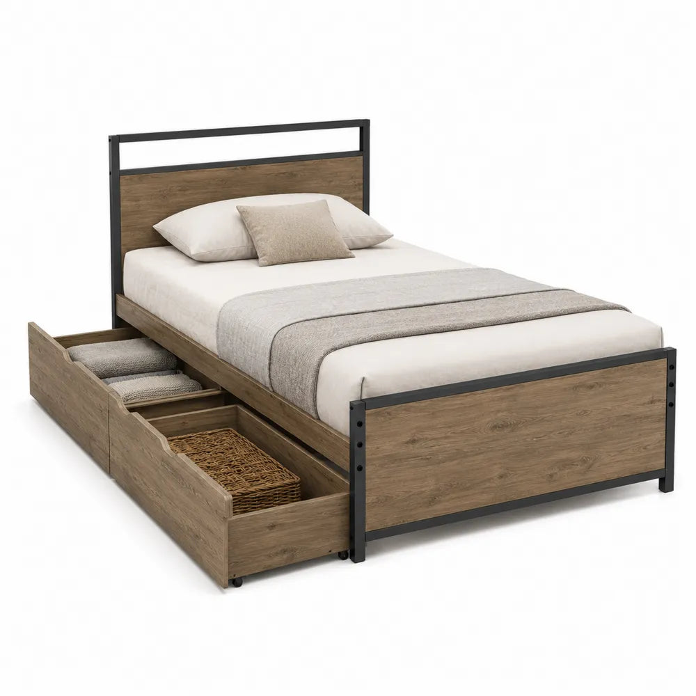 Cama individual de madera y metal con almacenamiento