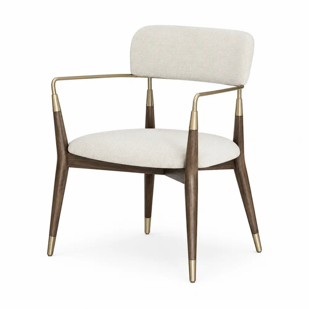 Silla de comedor de madera de nogal y tela beige con detalles metálicos