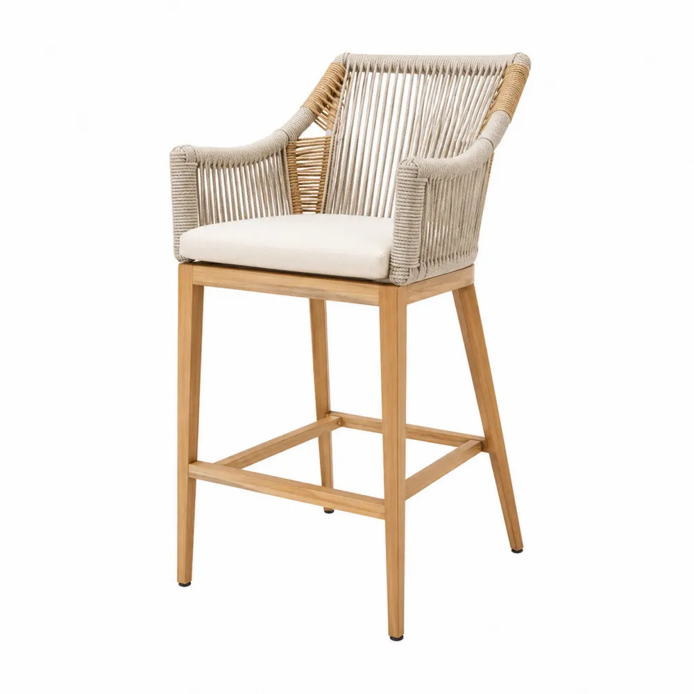 Silla de bar con brazos de cuerda y cojín de poliéster blanco estructura de madera de acacia