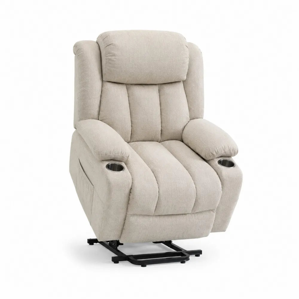 Sillón reclinable de lino beige con portavasos y elevación