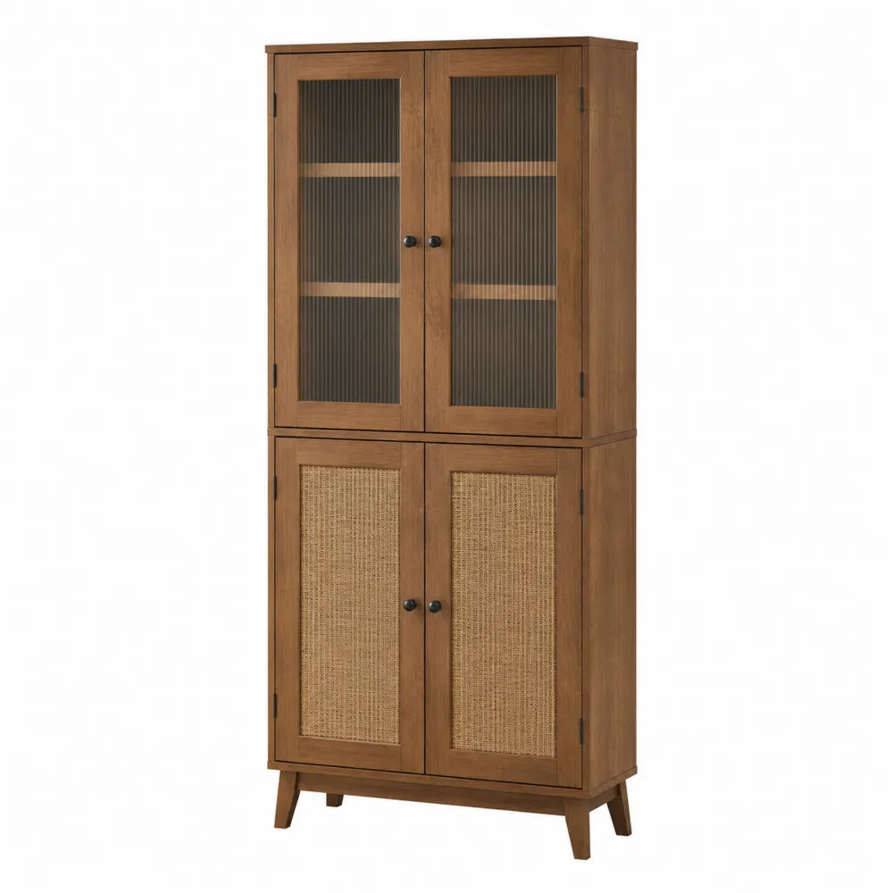 Armario de madera marrón con puertas de vidrio y ratán 80x40x180cm