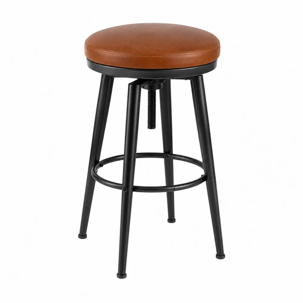 Taburete ajustable de cuero sintético marrón con estructura de acero negro