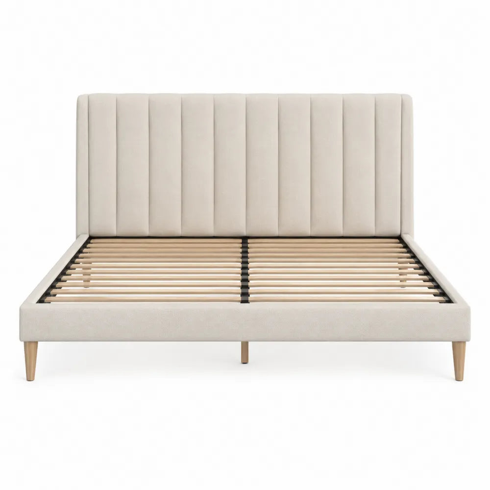 Cama tapizada de tela beige con cabecero alto 160x200 cm