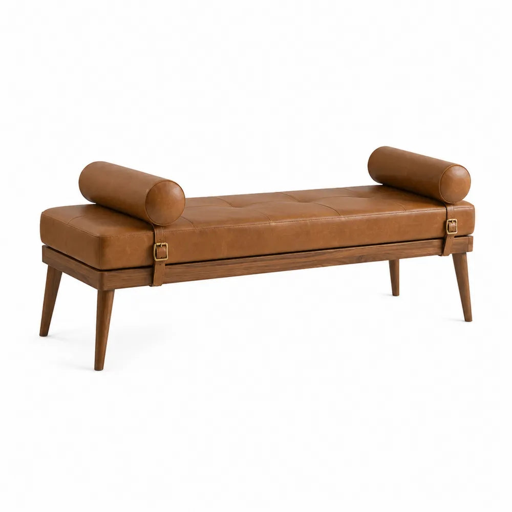 Banco de cuero sintético marrón y madera