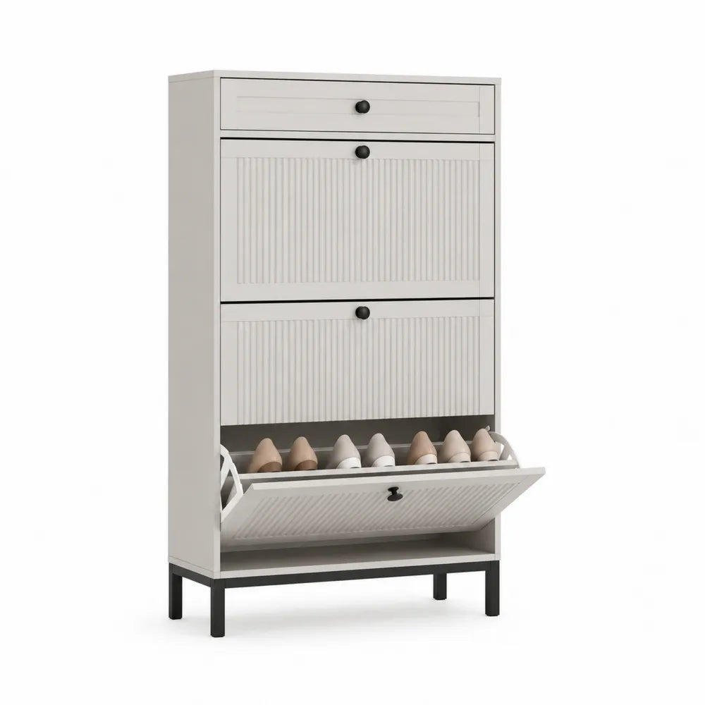 Zapatero de madera contrachapada blanco con estantes de metal y puertas abatibles 135x60x24 cm