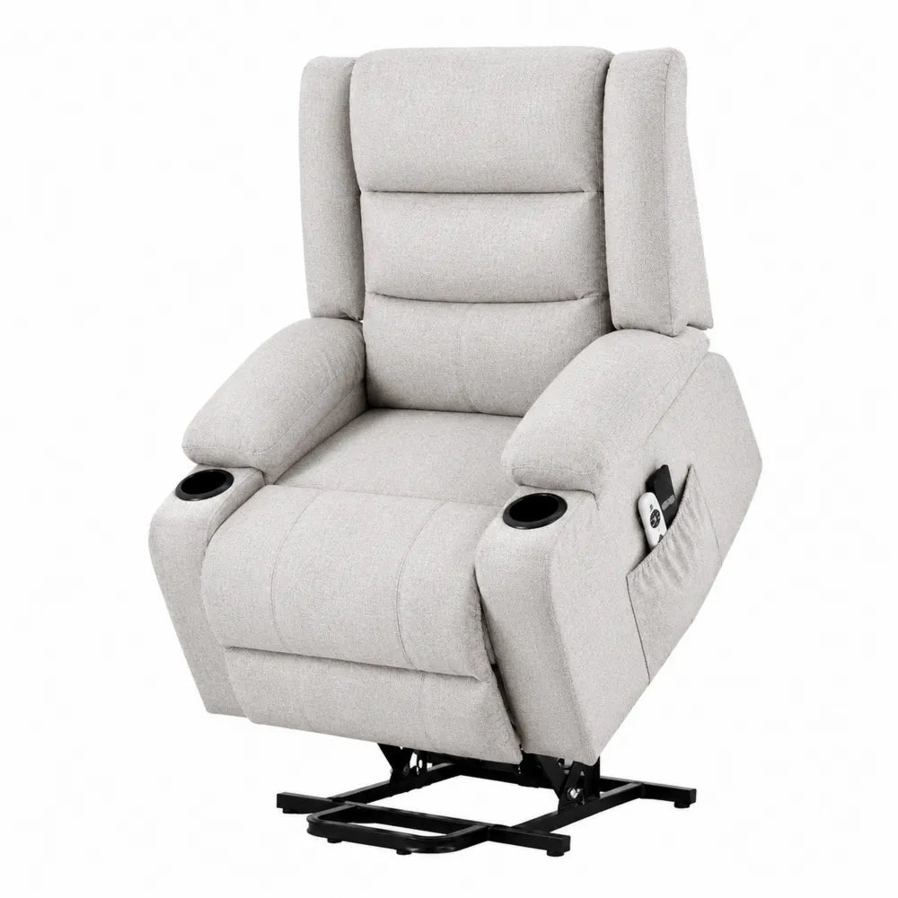 Sillón reclinable de poliéster gris claro con elevación y portavasos