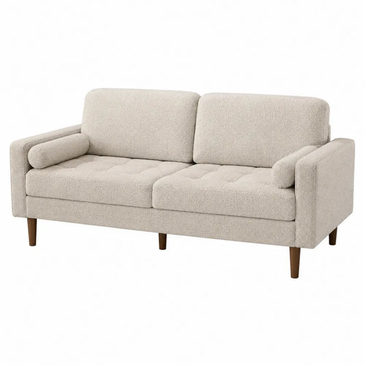 Sofá de Tela Beige 3 Plazas con Estructura de Madera