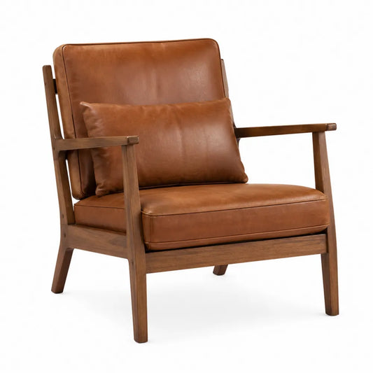Silla de cuero marrón con estructura de madera