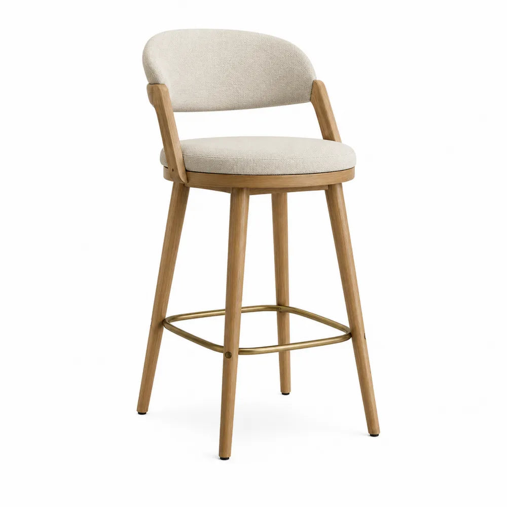 Taburete de barra beige de tela con madera y reposapiés de metal