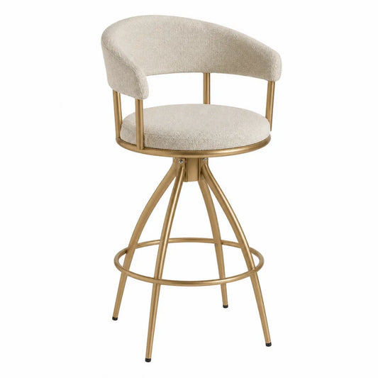 Taburete giratorio de tela de poliéster beige y estructura metálica dorada