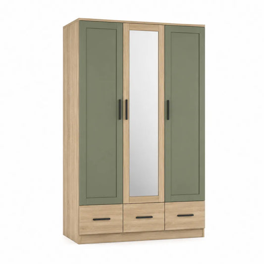 Armario de tres puertas con espejo de melamina y madera
