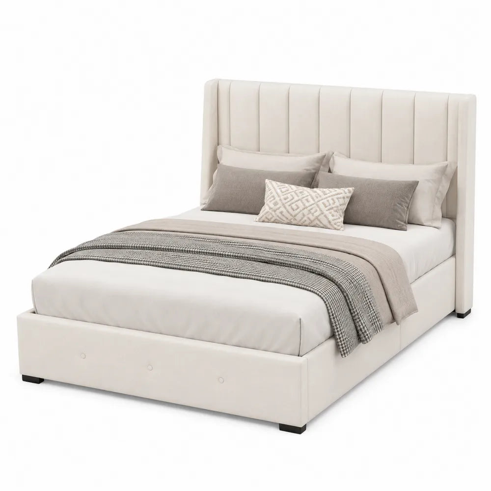 Cama de tela beige con cabecero alto y base de almacenamiento 200x160 cm