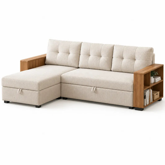 Sofá esquinero con chaise longue de chenilla y madera