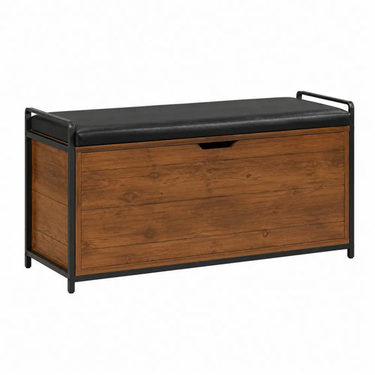 Baúl de almacenamiento de metal y madera con asiento de cuero sintético negro