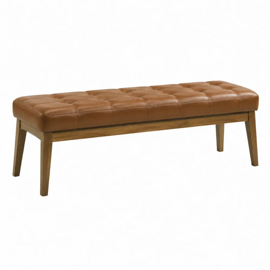 Banco de cuero sintético marrón con patas de madera maciza