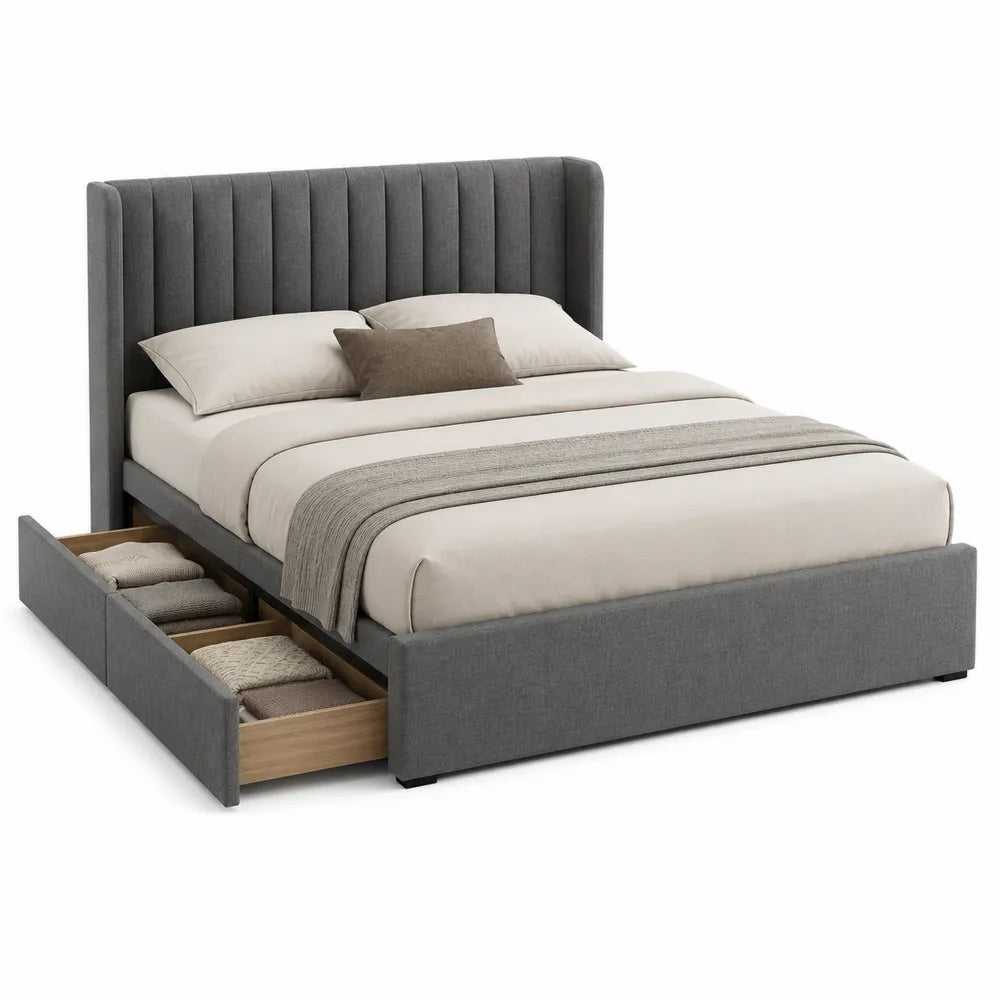 Cama doble de lino gris con cajones de almacenamiento 200x160 cm