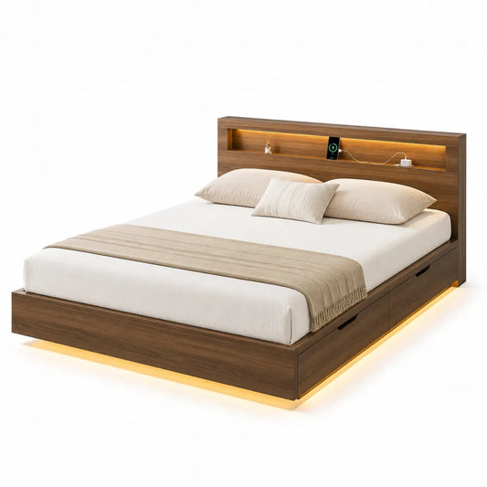 Cama doble madera de nogal con almacenamiento y luces LED 200x160 cm