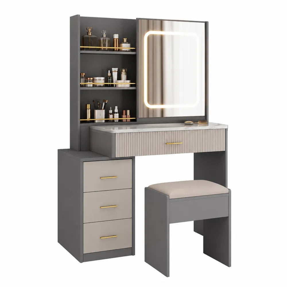Tocador MDF gris con espejo LED y taburete, 3 cajones