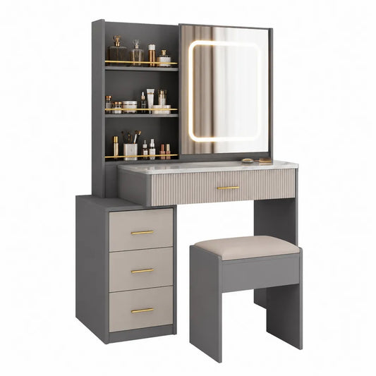 Tocador MDF gris con espejo LED y taburete, 3 cajones