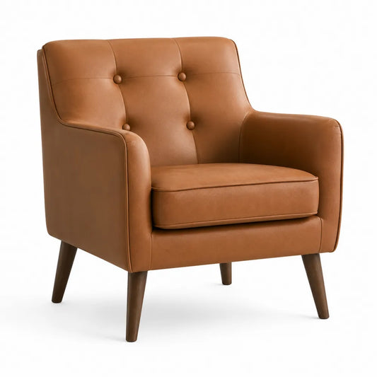 Sillón de cuero marrón con patas de madera