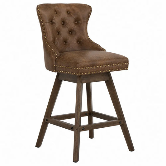 Taburete giratorio de cuero sintético con patas de madera