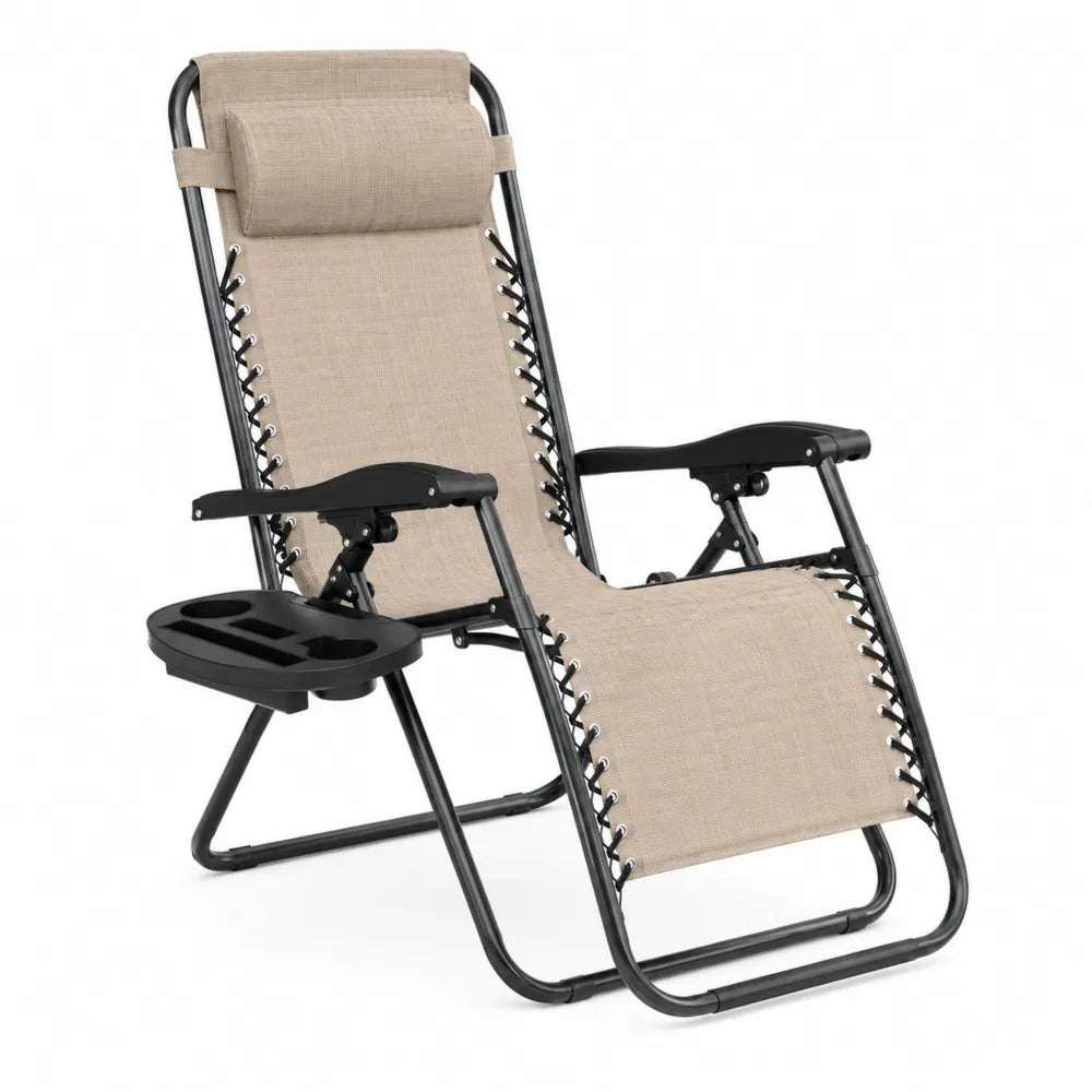 Silla reclinable plegable de acero y lino sintético beige