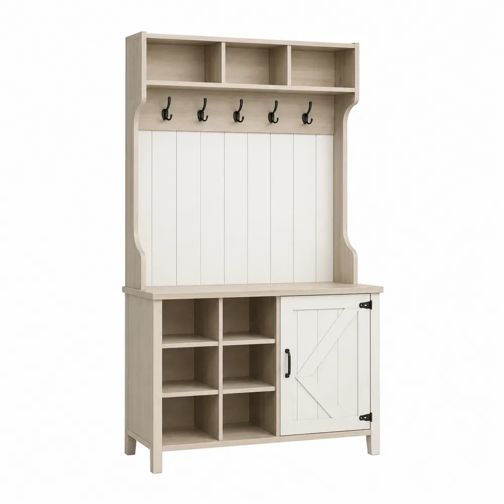 Mueble de entrada de madera laminada beige y blanco con percheros