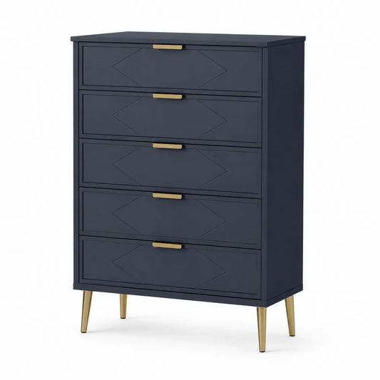 Cajonera de MDF azul oscuro con patas de latón