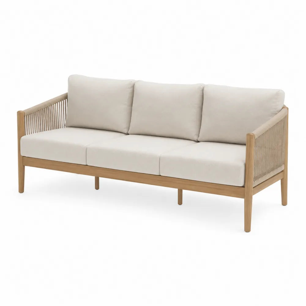 Sofá de 3 plazas de madera de teca y cuerda sintética, beige