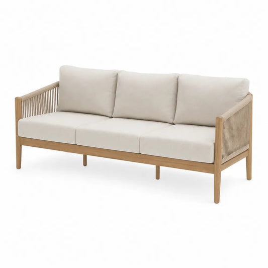 Sofá de 3 plazas de madera de teca y cuerda sintética, beige