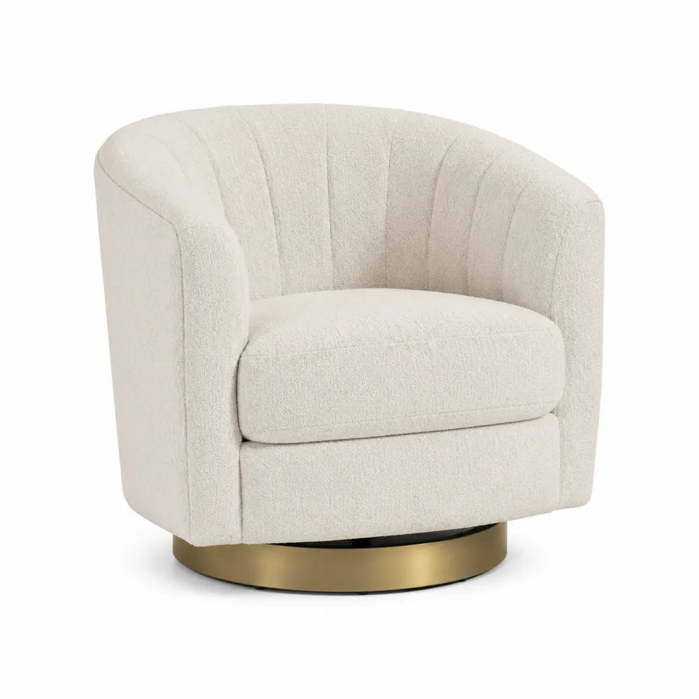 Silla giratoria de bouclé crema con base dorada