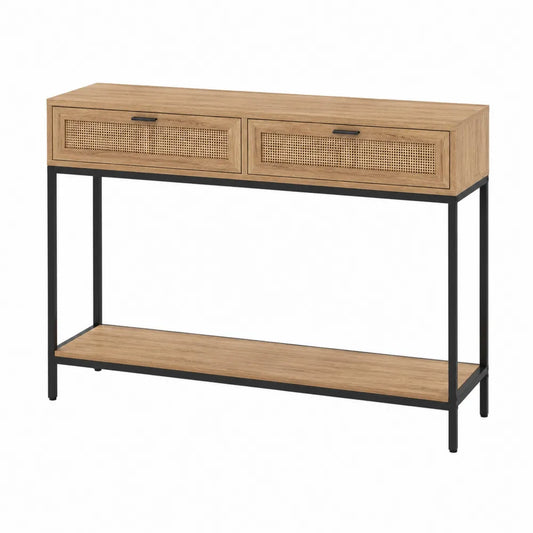 Mesa consola de madera y metal con cajones de ratán