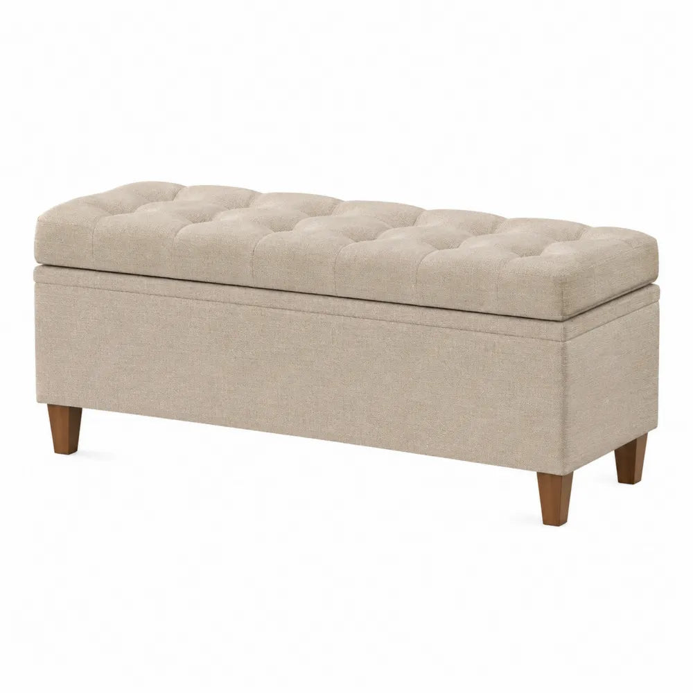 Banco de almacenamiento tapizado de lino beige con patas de madera