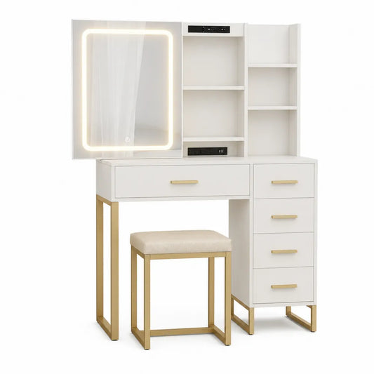 Tocador blanco con espejo LED, taburete, estructura de acero y 4 cajones