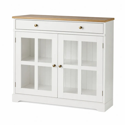 Aparador blanco de madera y roble con puertas de vidrio templado