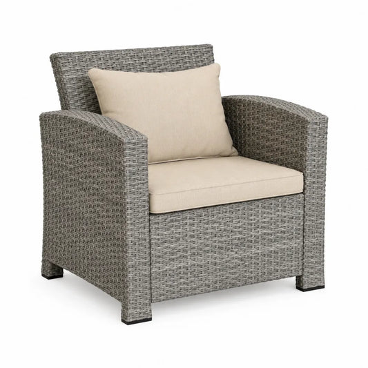Sillón de ratán sintético gris con cojines beige